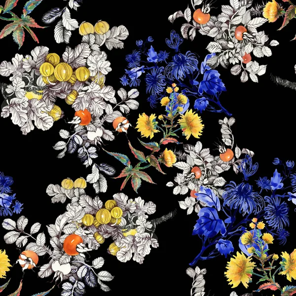 Μοτίβο με λουλούδια και μούρα — Φωτογραφία Αρχείου