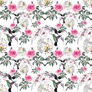 desen renkli çiçekler ve kuşlar