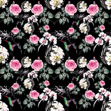 desen renkli çiçekler ve kuşlar