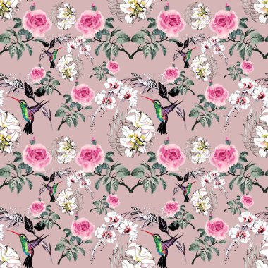 desen renkli çiçekler ve kuşlar