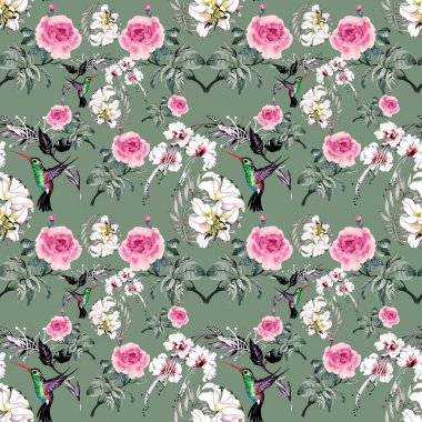 desen renkli çiçekler ve kuşlar