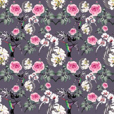 desen renkli çiçekler ve kuşlar