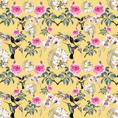 desen renkli çiçekler ve kuşlar