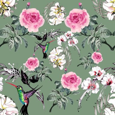 desen renkli çiçekler ve kuşlar
