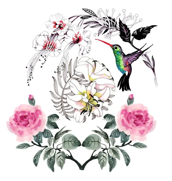 Blommönster med fåglar — Stockfoto