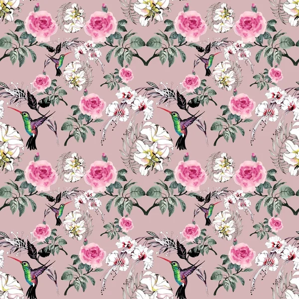 desen renkli çiçekler ve kuşlar