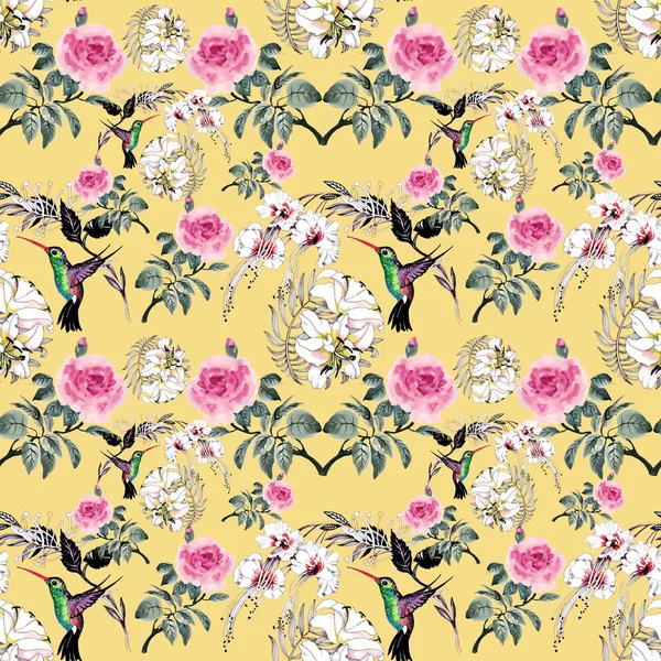 Muster mit bunten Blumen und Vögeln — Stockfoto