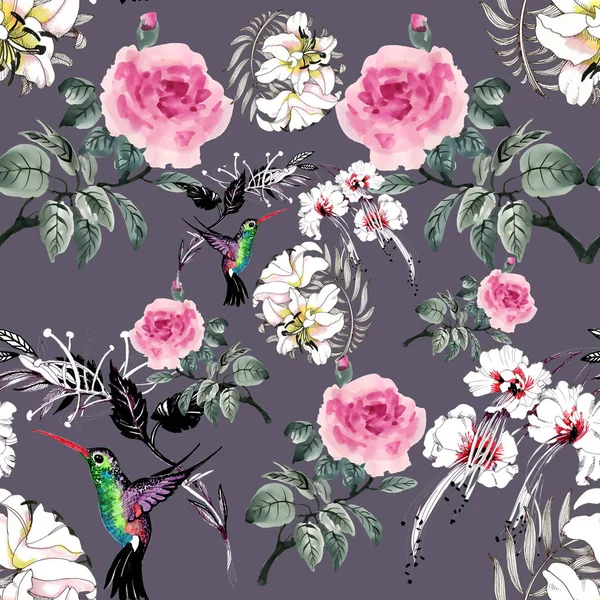 Pattern with colorful flowers and birds — Stock Photo, Image