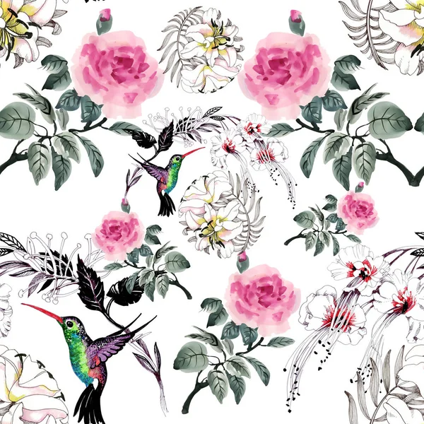 Pattern with colorful flowers and birds — Stock Photo, Image