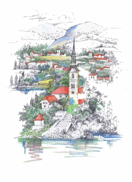 Peinture de la vieille ville avec de nombreuses maisons, lac et montagnes sur fond — Image vectorielle