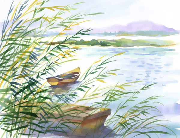Ilustração aquarela da paisagem rural com barco . — Vetor de Stock
