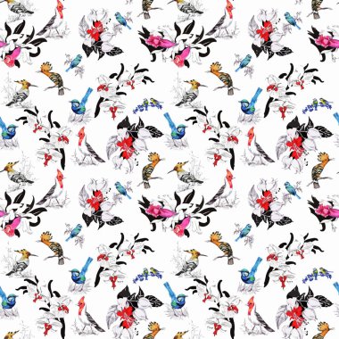 Suluboya el çekilmiş seamless modeli güzel çiçekler ve beyaz arka plan üzerinde renkli kuşlar.