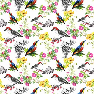 Suluboya el çekilmiş seamless modeli güzel çiçekler ve beyaz arka plan üzerinde renkli kuşlar.
