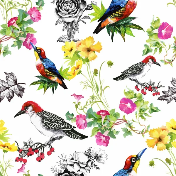 Watercolor hand drawn seamless pattern with beautiful flowers and colorful birds on white background. — Stock Vector