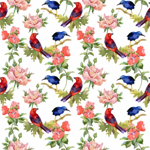 Watercolor hand drawn seamless pattern with beautiful flowers and colorful birds on white background. — Stock Vector