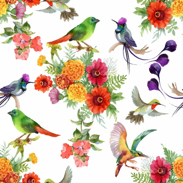 Schöne Blumen und bunte Vögel — Stockvektor