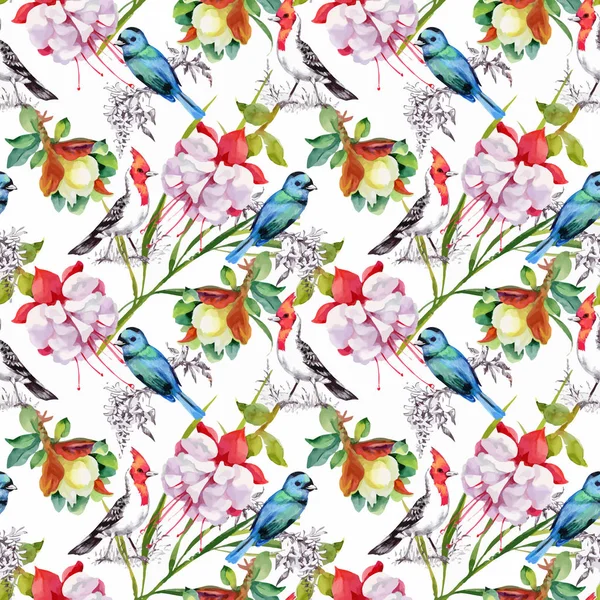 Bellissimi fiori e uccelli colorati — Vettoriale Stock