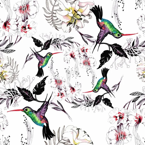 Prachtige bloemen en kleurrijke vogels — Stockvector