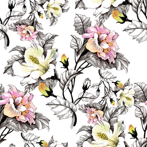 Ακουαρέλα μοτίβο με πολύχρωμα λουλούδια — Φωτογραφία Αρχείου