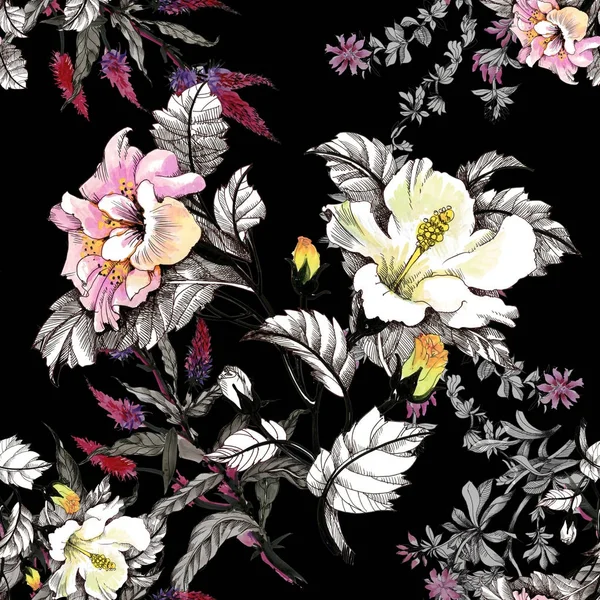 Aquarel patroon met kleurrijke bloemen — Stockfoto