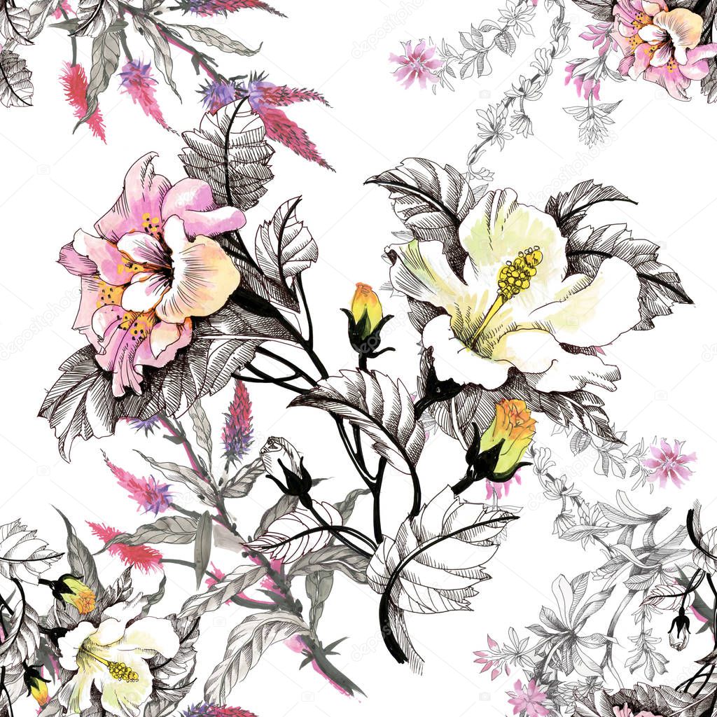 Watercolor pattern with colorful flowers