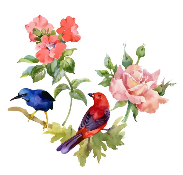 Schöne Blumen und bunte Vögel — Stockvektor