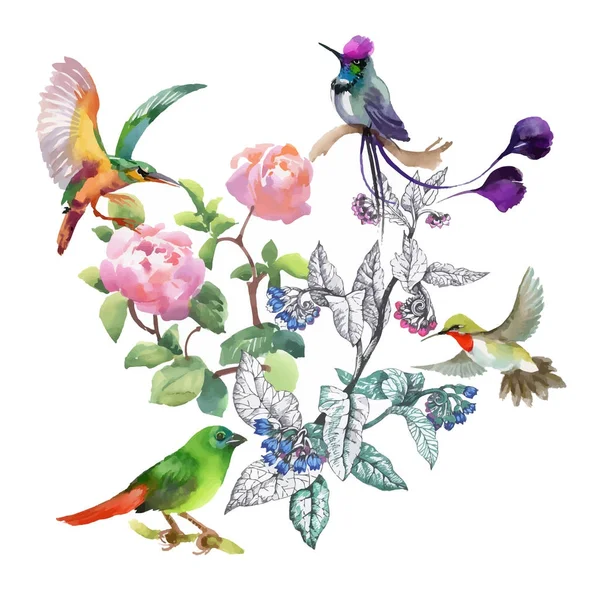 Красиві квіти і барвисті птахи — стоковий вектор