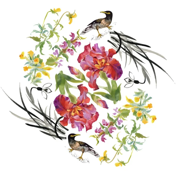 Hermosas flores y coloridas aves — Vector de stock