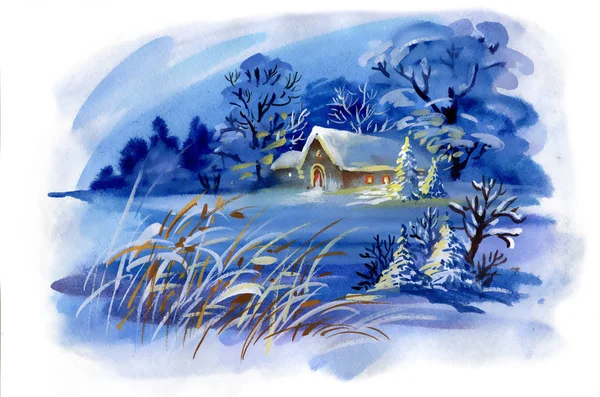 Vinterlandskap med hus — Stockfoto