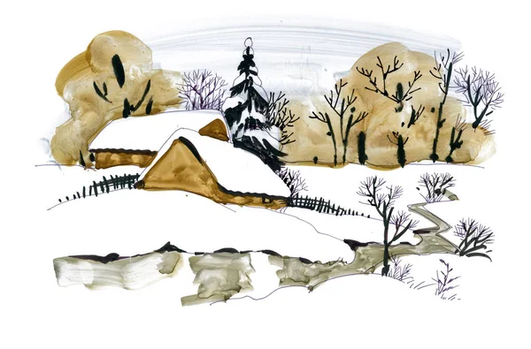 Зимний пейзаж с домом — стоковое фото