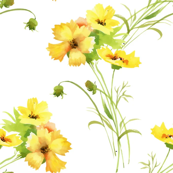 Aquarel naadloze patroon met kleurrijke bloemen en bladeren op een witte achtergrond, aquarel bloemmotief, bloemen in pastel kleur, tegel voor wallpaper, kaart of stof. — Stockvector