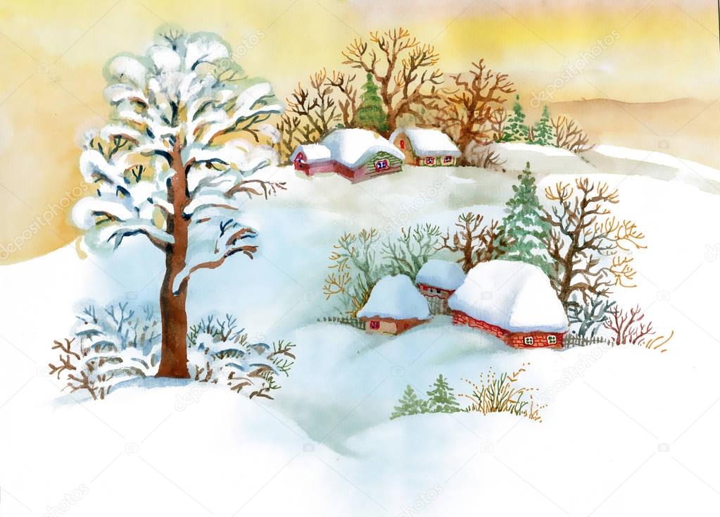 Watercolor winter landscape with snowy houses illustration