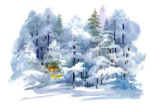 Watercolor Winter Forest Landscape Hand Drawn Illustration — Stock Photo, Image