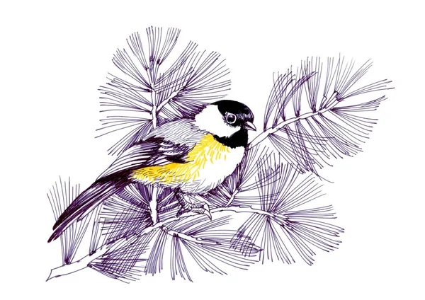 Aquarel Vogel Zittend Een Tak Handgeschilderde Bloemen Wenskaart Illustratie — Stockfoto