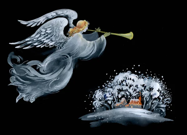 Ilustración Dibujada Mano Hermoso Ángel Con Estrella Navidad Flotando Sobre — Foto de Stock