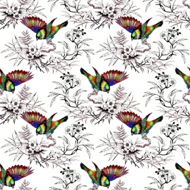 Suluboya el çekilmiş seamless modeli güzel çiçekler ve beyaz arka plan üzerinde renkli kuşlar.