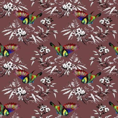 Suluboya el çekilmiş seamless modeli güzel çiçekler ve beyaz arka plan üzerinde renkli kuşlar.