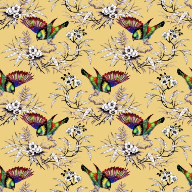 Suluboya el çekilmiş seamless modeli güzel çiçekler ve beyaz arka plan üzerinde renkli kuşlar.