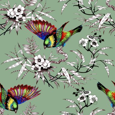 Suluboya el çekilmiş seamless modeli güzel çiçekler ve beyaz arka plan üzerinde renkli kuşlar.