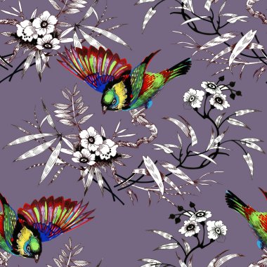 Suluboya el çekilmiş seamless modeli güzel çiçekler ve beyaz arka plan üzerinde renkli kuşlar.
