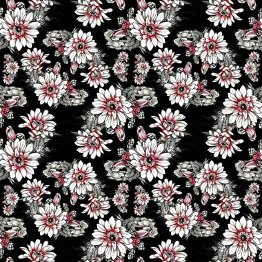 Suluboya el çekilmiş seamless modeli güzel çiçekler ve beyaz arka plan üzerinde renkli kuşlar.