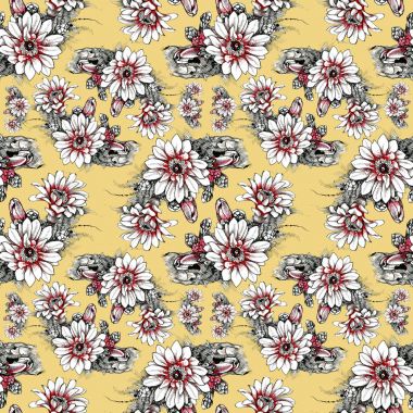 Suluboya el çekilmiş seamless modeli güzel çiçekler ve beyaz arka plan üzerinde renkli kuşlar.