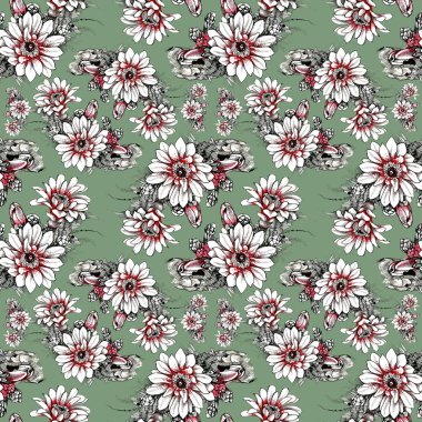 Suluboya el çekilmiş seamless modeli güzel çiçekler ve beyaz arka plan üzerinde renkli kuşlar.