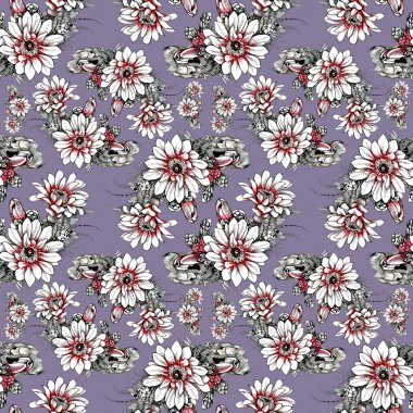 Suluboya el çekilmiş seamless modeli güzel çiçekler ve beyaz arka plan üzerinde renkli kuşlar.