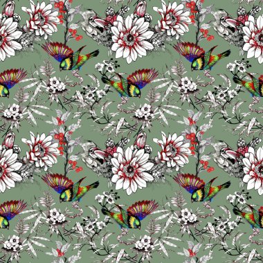 Suluboya el çekilmiş seamless modeli güzel çiçekler ve beyaz arka plan üzerinde renkli kuşlar.