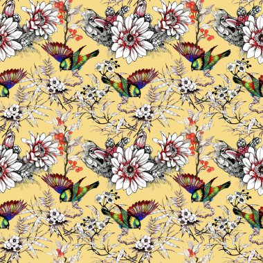 Suluboya el çekilmiş seamless modeli güzel çiçekler ve beyaz arka plan üzerinde renkli kuşlar.