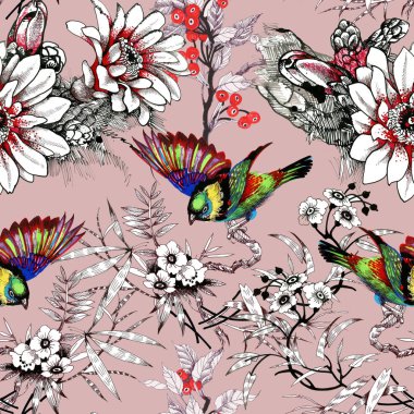 Suluboya el çekilmiş seamless modeli güzel çiçekler ve beyaz arka plan üzerinde renkli kuşlar.