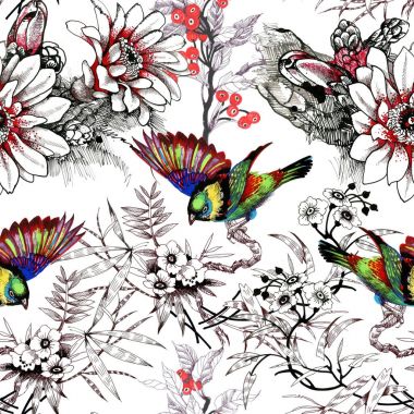 Suluboya el çekilmiş seamless modeli güzel çiçekler ve beyaz arka plan üzerinde renkli kuşlar.