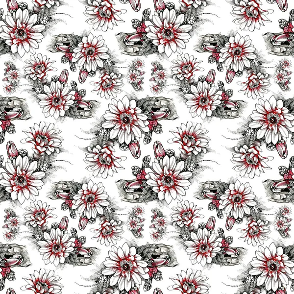 Watercolor hand drawn seamless pattern with beautiful flowers and colorful birds on white background. — Stock Photo, Image