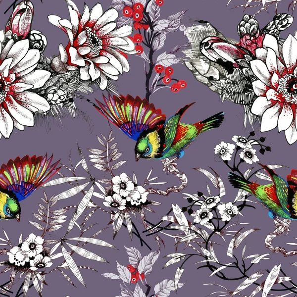 Suluboya el çekilmiş seamless modeli güzel çiçekler ve beyaz arka plan üzerinde renkli kuşlar. — Stok fotoğraf